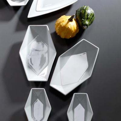 12 Pack White Ceramic Faceted Gemstone Shaped Serving Dip Plates Platters - 6" x 3.5"