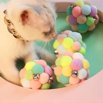 Cat Toy Pompoms Balls w/Bell - Colorful Soft Fuzzy Balls for Cats Plush Balls w/Interactive Fun Sound Chewing Toys Interactive Cat Toys...