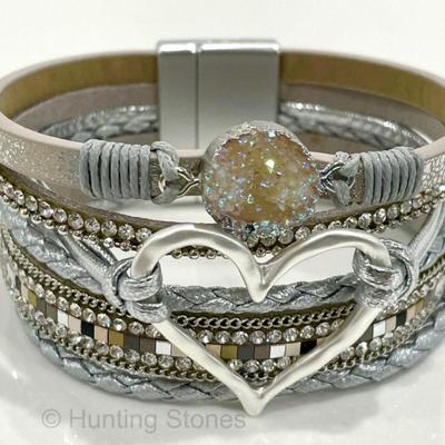 Heart Motif Layered Faux Leather Wrap bracelet with Druzy and Rhinestone Crystals in Silver