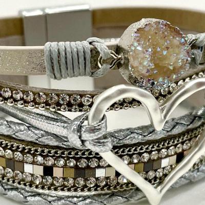 Heart Motif Layered Faux Leather Wrap bracelet with Druzy and Rhinestone Crystals in Silver