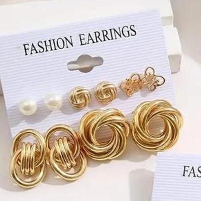 6-Pair Gold Plated Hoop & Stud Earrings Set for Women & Girls Alloy Hoop Earring Jewelry