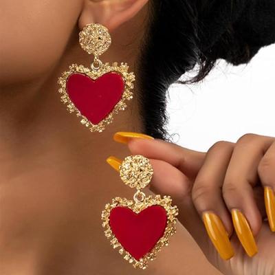 Red Enamel Heart Shaped Gold Metal Framed Drop Earrings for Women or Girls for Valentine's Day Date Night Jewelry