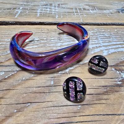 Aurora Borealis cuff bracelet with a set of Dichroic glass earrings
