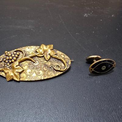 Circa 1920's Layered Grape Motif Oval Brass Sash Pin Brooch with vintage cuff link