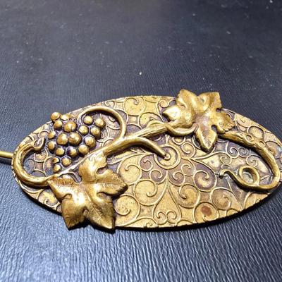 Circa 1920's Layered Grape Motif Oval Brass Sash Pin Brooch with vintage cuff link