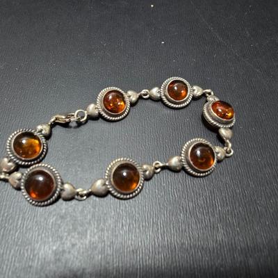 Vintage Baltic Amber & .925 marked Sterling Silver Bracelet with moonstone like necklace