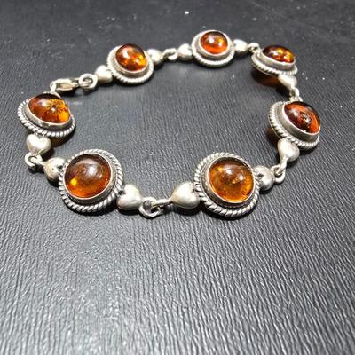 Vintage Baltic Amber & .925 marked Sterling Silver Bracelet with moonstone like necklace