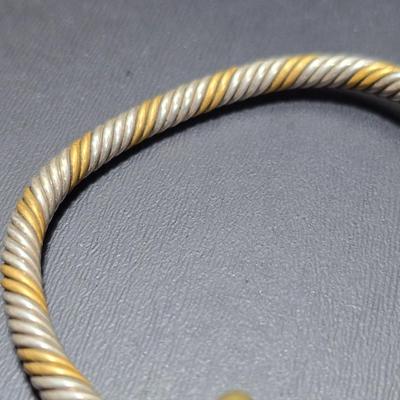 Mexico Sterling Silver and Brass Twisted Cable Open Cuff Bracelet with Lapis Ball Ends