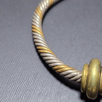 Mexico Sterling Silver and Brass Twisted Cable Open Cuff Bracelet with Lapis Ball Ends