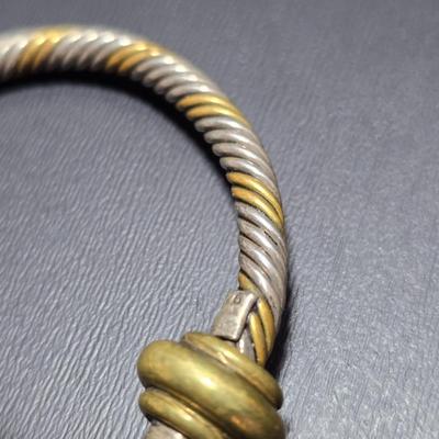 Mexico Sterling Silver and Brass Twisted Cable Open Cuff Bracelet with Lapis Ball Ends