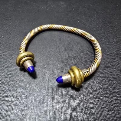Mexico Sterling Silver and Brass Twisted Cable Open Cuff Bracelet with Lapis Ball Ends