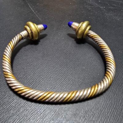 Mexico Sterling Silver and Brass Twisted Cable Open Cuff Bracelet with Lapis Ball Ends