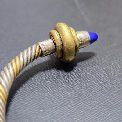 Mexico Sterling Silver and Brass Twisted Cable Open Cuff Bracelet with Lapis Ball Ends