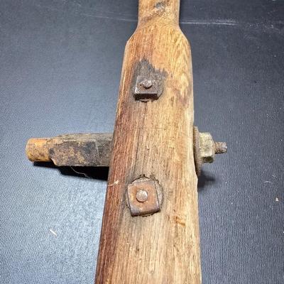 Antique wooden frame with T handle, Wood level and three candle holders