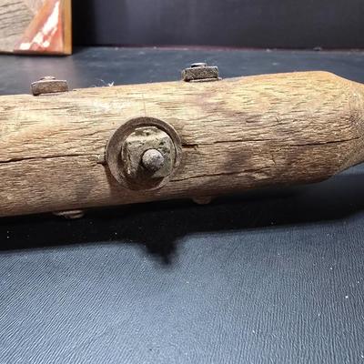 Antique wooden frame with T handle, Wood level and three candle holders