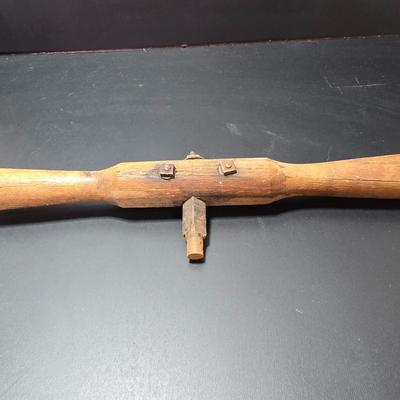 Antique wooden frame with T handle, Wood level and three candle holders