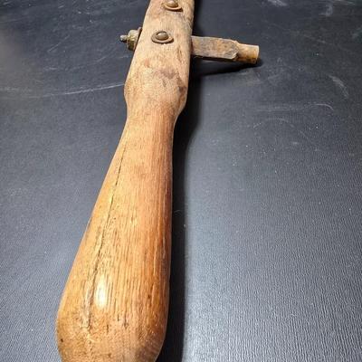 Antique wooden frame with T handle, Wood level and three candle holders