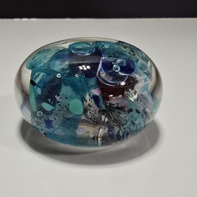 Two decorative glass paperweights - floral and art deco