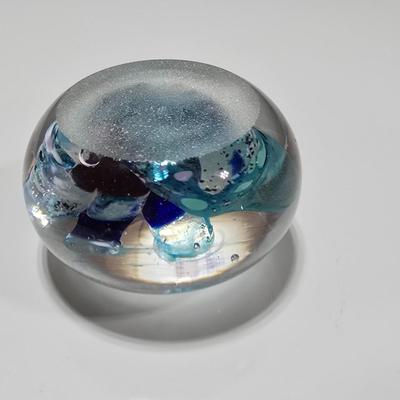 Two decorative glass paperweights - floral and art deco