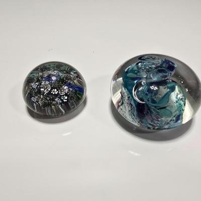 Two decorative glass paperweights - floral and art deco