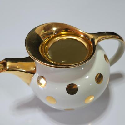 Hall 22K Gold Polka Dot Cream 6 Cup Teapot - MCM - Retro