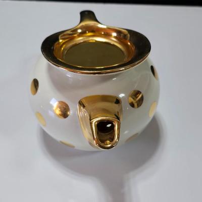Hall 22K Gold Polka Dot Cream 6 Cup Teapot - MCM - Retro