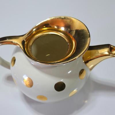 Hall 22K Gold Polka Dot Cream 6 Cup Teapot - MCM - Retro