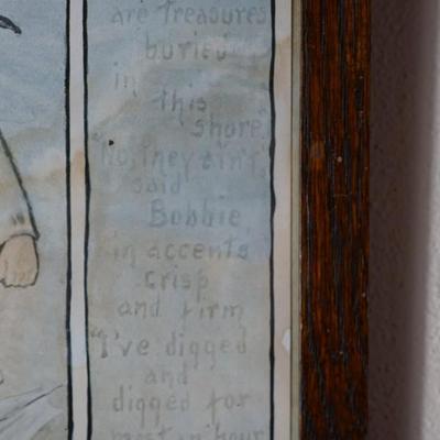 EARLY 1900'S DOUBLE ILLUSTRATION BY PEARLE EUGENIA FIDLER - CHILDREN AT BEACH PRINT IN OAK FRAME W/ VERSE