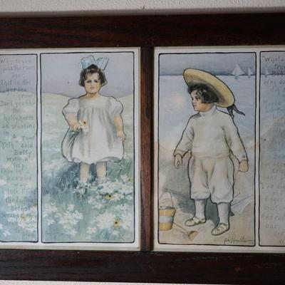 EARLY 1900'S DOUBLE ILLUSTRATION BY PEARLE EUGENIA FIDLER - CHILDREN AT BEACH PRINT IN OAK FRAME W/ VERSE