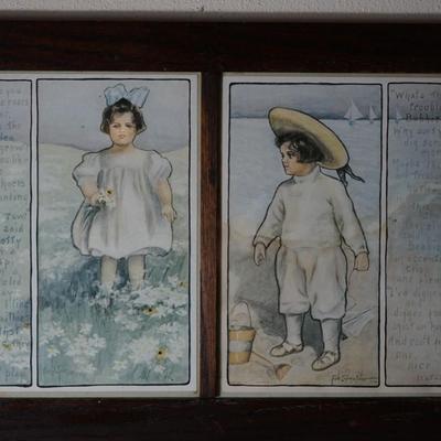 EARLY 1900'S DOUBLE ILLUSTRATION BY PEARLE EUGENIA FIDLER - CHILDREN AT BEACH PRINT IN OAK FRAME W/ VERSE