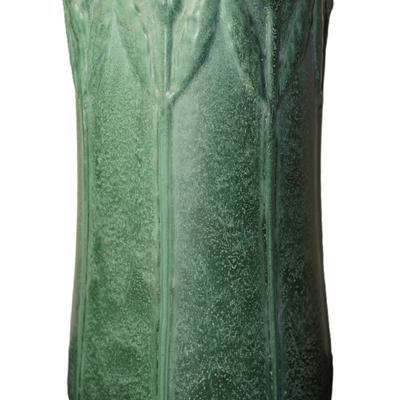 VINTAGE WELLER UMBRELLA STAND IN MATT GREEN GLAZE/ EMBOSSED TULIPS/POPPIE UNSIGNED