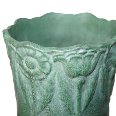 VINTAGE WELLER UMBRELLA STAND IN MATT GREEN GLAZE/ EMBOSSED TULIPS/POPPIE UNSIGNED