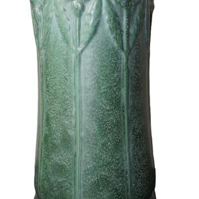 VINTAGE WELLER UMBRELLA STAND IN MATT GREEN GLAZE/ EMBOSSED TULIPS/POPPIE UNSIGNED