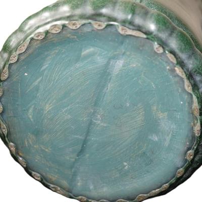 VINTAGE WELLER UMBRELLA STAND IN MATT GREEN GLAZE/ EMBOSSED TULIPS/POPPIE UNSIGNED