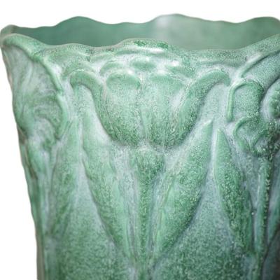 VINTAGE WELLER UMBRELLA STAND IN MATT GREEN GLAZE/ EMBOSSED TULIPS/POPPIE UNSIGNED