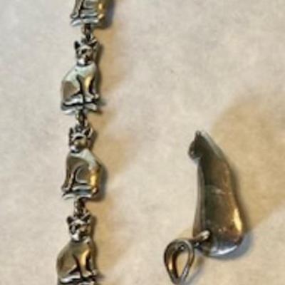 Sterling Silver Cat Bracelet And Pin