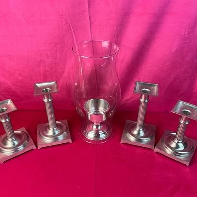 Lot A 526 Pewter Candlestick and Hurricane Lot
