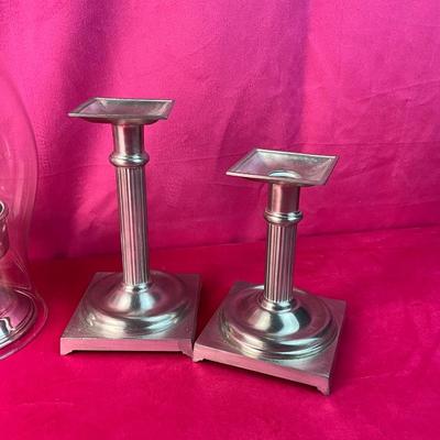 Lot A 526 Pewter Candlestick and Hurricane Lot