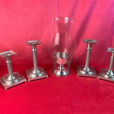 Lot A 526 Pewter Candlestick and Hurricane Lot