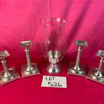 Lot A 526 Pewter Candlestick and Hurricane Lot