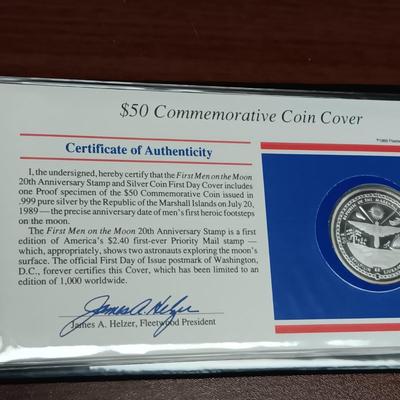 .999 SILVER "FIRST MEN ON THE MOON" $50 DOLLAR COIN AND FIRST DAY ISSUE