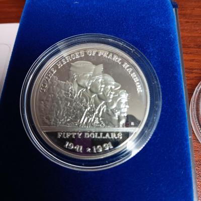 HEROES OF PEARL HARBOR $50 DOLLAR SILVER PROOF & .999 SILVER USS ARIZONA COIN