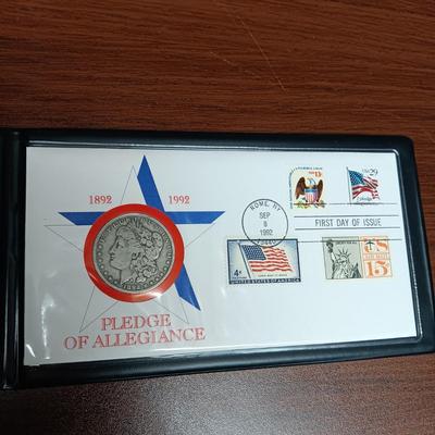 PLEDGE OF ALLEGIANCE MORGAN SILVER DOLLAR FIRST DAY COVER & THE LIBERTY HALF DOLLAR FIRST DAY OF ISSUE