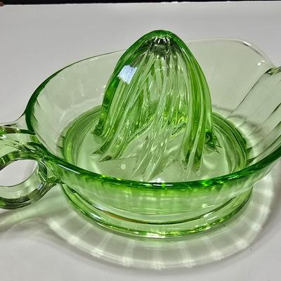 Vintage depression glass juice reamer and serving tray