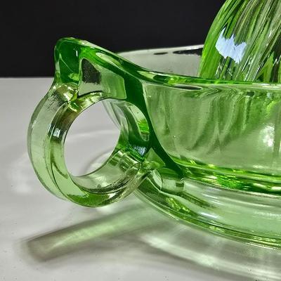 Vintage depression glass juice reamer and serving tray