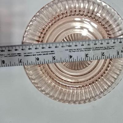 Pink depression glass divided dish, platter, and Juice reamer with measuring glass cup