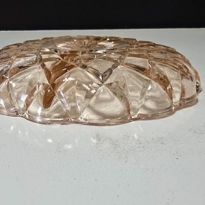 Pink depression glass divided dish, platter, and Juice reamer with measuring glass cup
