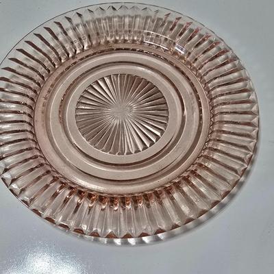 Pink depression glass divided dish, platter, and Juice reamer with measuring glass cup