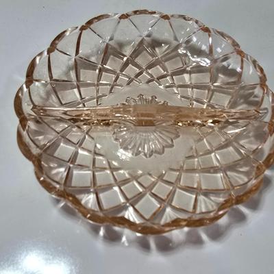 Pink depression glass divided dish, platter, and Juice reamer with measuring glass cup
