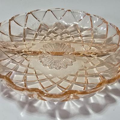 Pink depression glass divided dish, platter, and Juice reamer with measuring glass cup